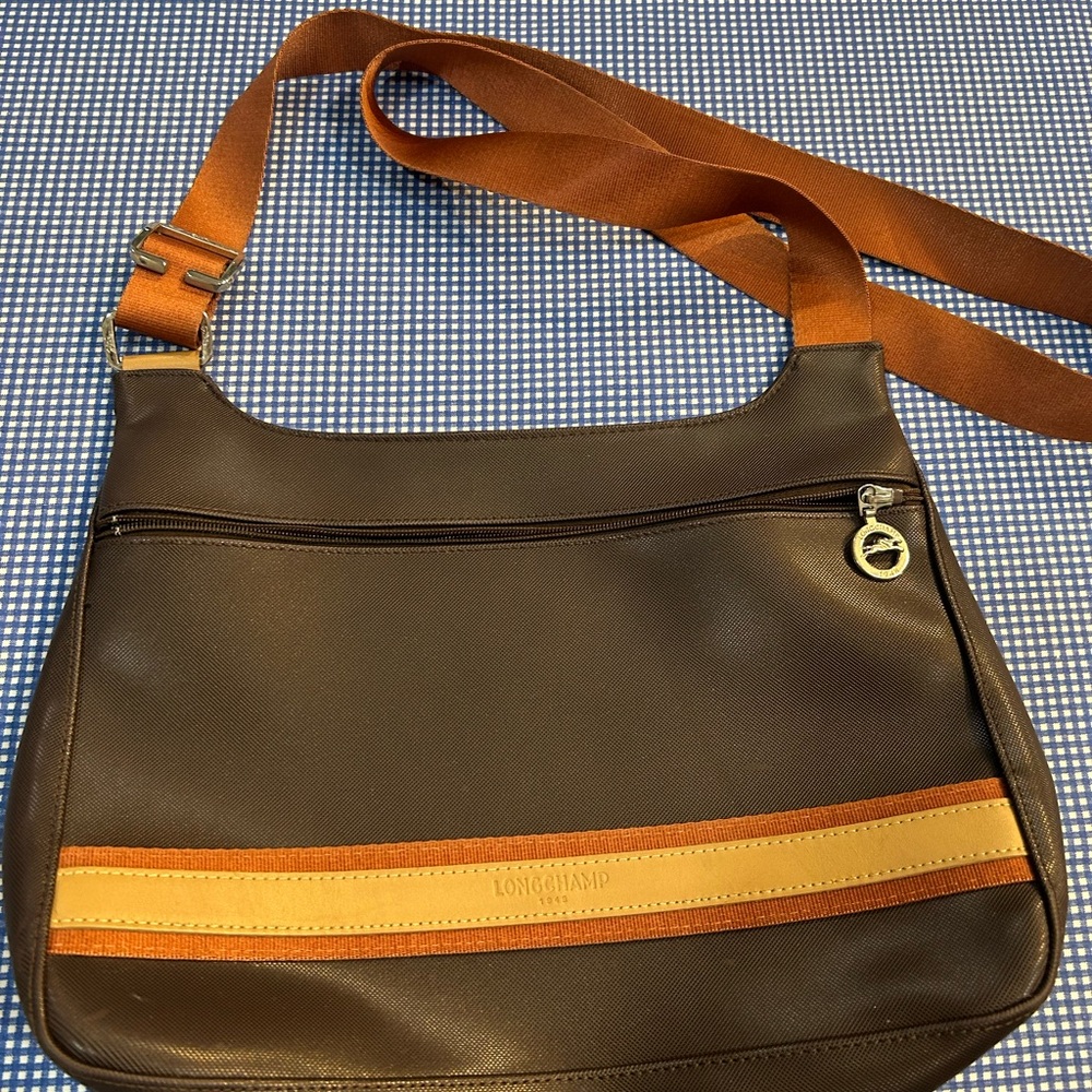 Longchamp Brown and Tan Canvas Messenger Bag with Modern Silhouette